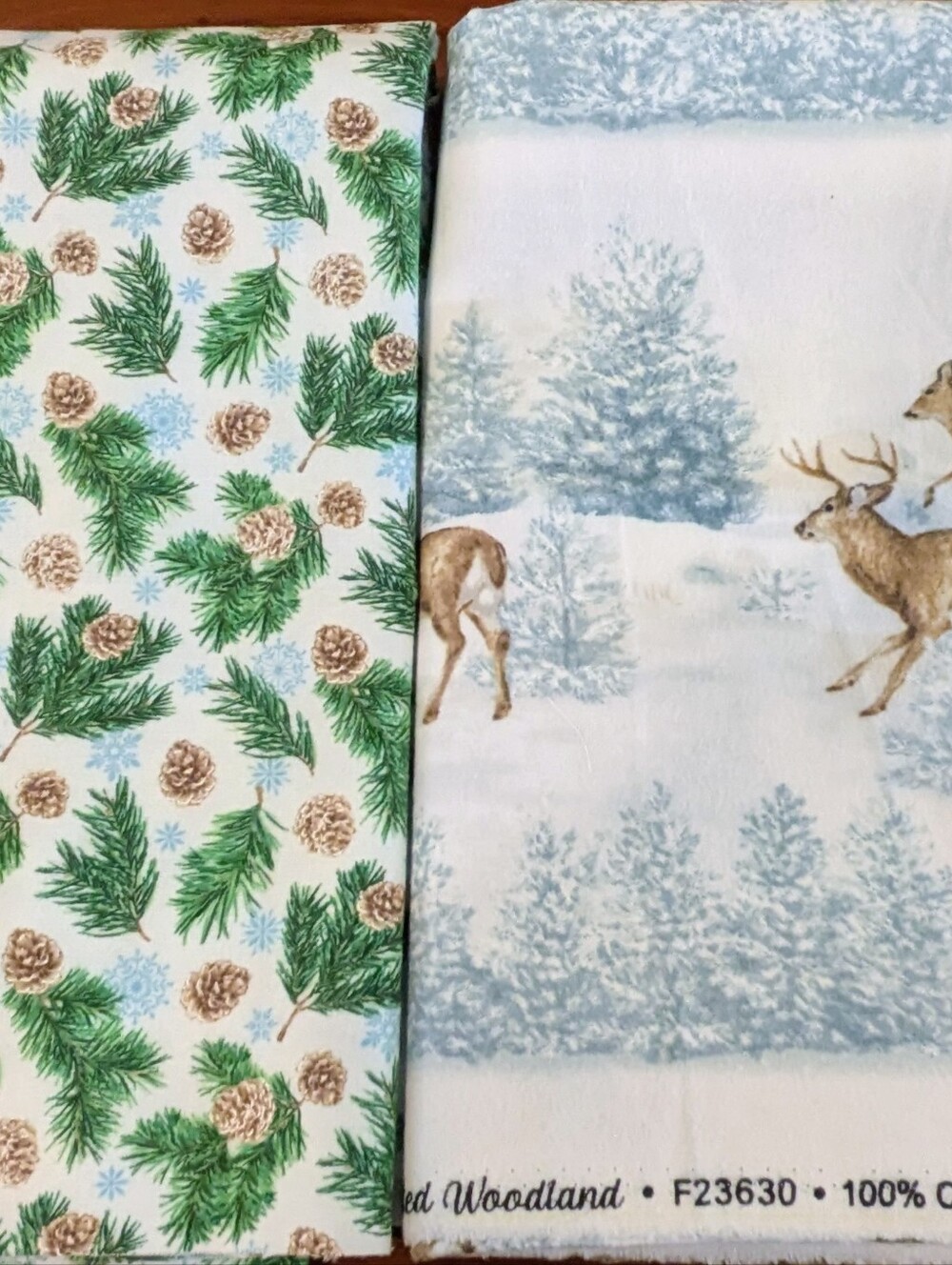 Winter Theme Flannel Fabrics Set of 2: Deer in the Snow 44x29 & Pinecones 43x23